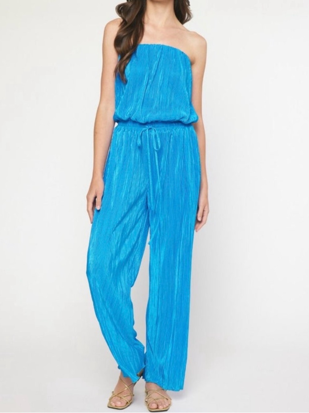 Entro Pleated Turquoise Blue Shimmer Strapless Jumpsuit Large NWOT